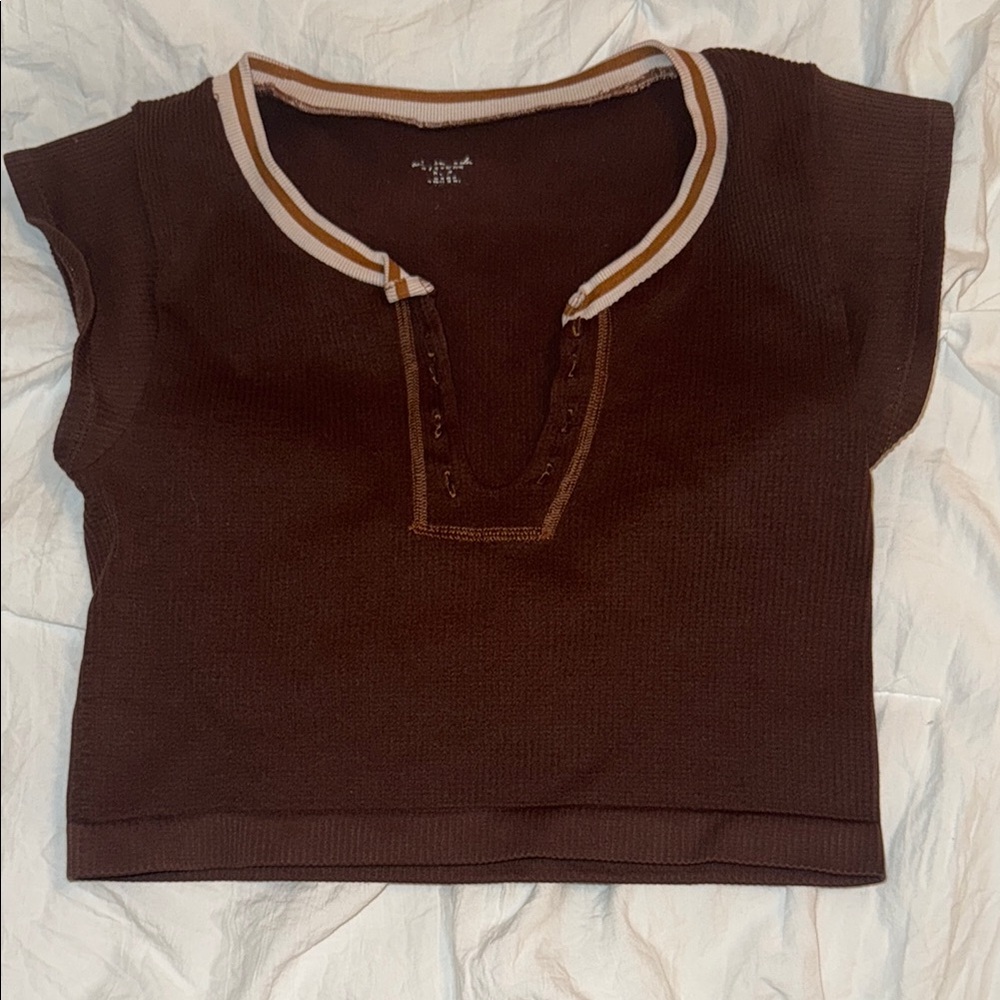 Brown Ribbed Knit Top with Striped Collar